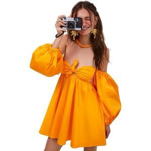 NWT For Love & Lemons Saint Lucia Mini Dress Off the Shoulder Orange Sz Small